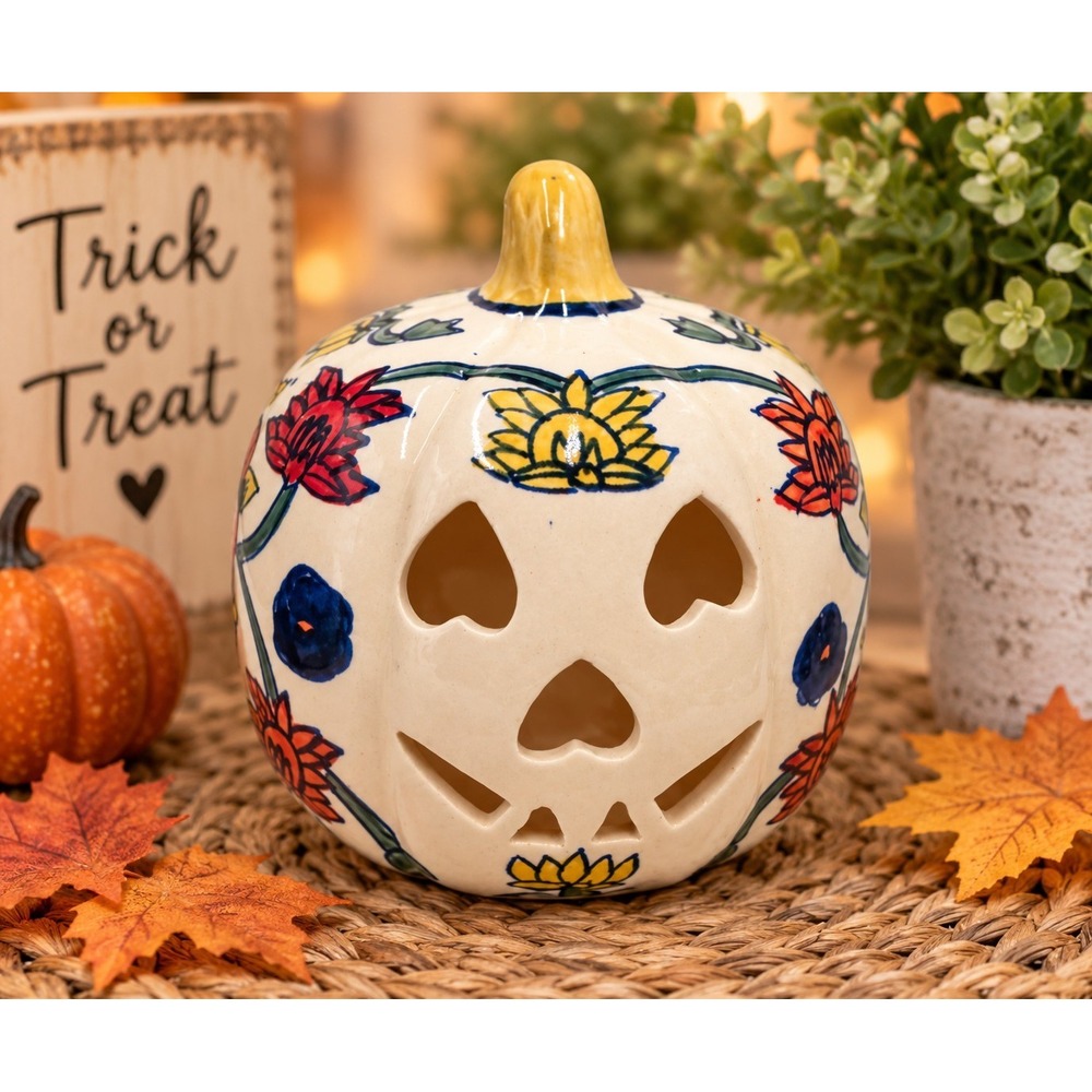 Martha Stewart Pumpkin Candle Holder Folk Art Floral Jack O Lantern Harvest Fall